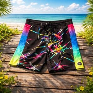 O'Neill Hyperfreak Mens‎ Board Shorts Neon Rainbow Black Size 29 Surf Summer